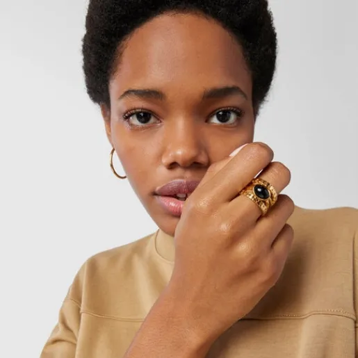 Anillo con baño de oro 18 kt sobre plata y ónix Straight^TOUS Outlet