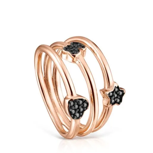 Anillo con baño de oro rosa 18 kt sobre plata y espinelas motivos oso, corazón y flor Motif^TOUS New