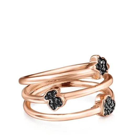 Anillo con baño de oro rosa 18 kt sobre plata y espinelas motivos oso, corazón y flor Motif^TOUS New