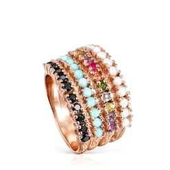 Anillo con baño de oro rosa 18 kt sobre plata y gemas multicolor Straight^TOUS Discount