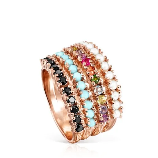 Anillo con baño de oro rosa 18 kt sobre plata y gemas multicolor Straight^TOUS Discount