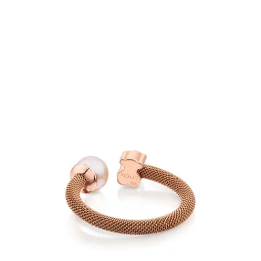 Anillo de acero con baño de oro rosa 18 kt sobre plata y perla cultivada motivo oso Icon Mesh^TOUS New
