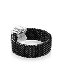 Anillo de acero IP negro y ónix facetado motivo oso Mesh Color^TOUS New