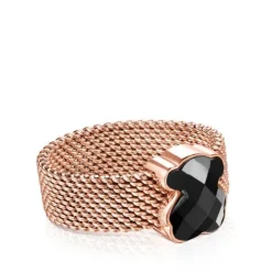 Anillo de acero IP rosado y ónix facetado motivo oso Mesh Color^TOUS Hot