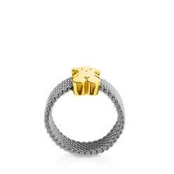Anillo de acero y oro motivo oso estrecho Mesh^TOUS Discount