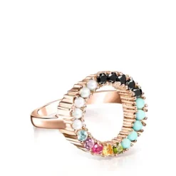 Anillo disco con baño de oro rosa 18 kt sobre plata y gemas multicolor Straight^TOUS New