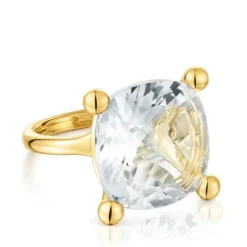Anillo grande con baño de oro 18 kt sobre plata y cuarzo cristal de roca Color White^TOUS New