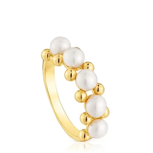 Anillo mediano con baño de oro de 18 kt sobre plata y perlas cultivadas Gloss^TOUS Hot
