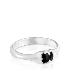 Anillo pequeño de plata y motivo oso en ónix Icon Color^TOUS