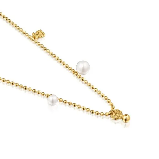 Collar corto con baño de oro de 18 kt sobre plata, perlas cultivadas y motivos Grain^TOUS New