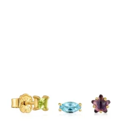 Pack de pendientes pequeños con baño de oro 18 kt sobre plata y gemas Sugar Party^TOUS Hot