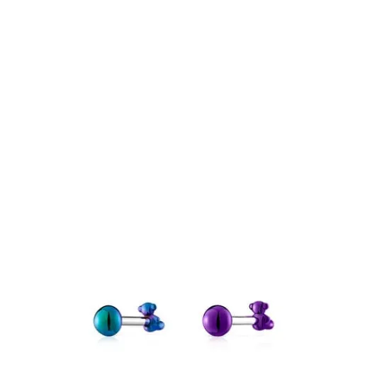 Pack de piercings de oreja de acero IP lila y verde Bold Bear^TOUS Outlet