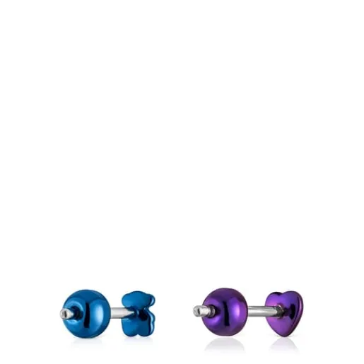 Pack de piercings de oreja de acero IP morado y azul Bickie^TOUS Best