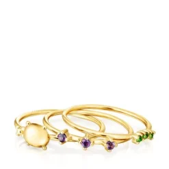 Pack de tres anillos con baño de oro 18 kt sobre plata y gemas Virtual Garden^TOUS Online