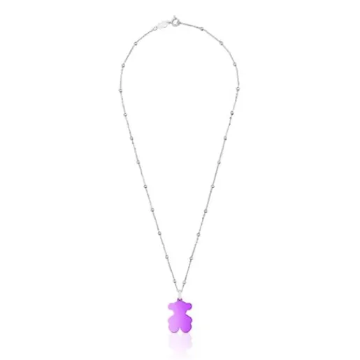 Pack gargantilla de plata y colgante oso de acero en color lila 22 mm Sweet Dolls^TOUS Discount