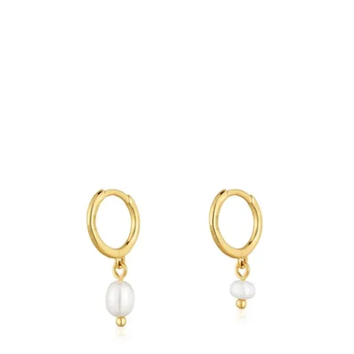 Pendientes aro cortos con baño de oro 18 kt sobre plata y perlas cultivadas Sugar Party^TOUS New