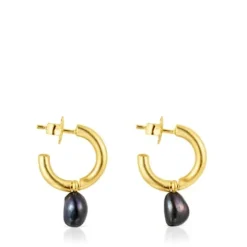 Pendientes aro pequeño con baño de oro 18 kt sobre plata y perla gris Hav^TOUS Sale