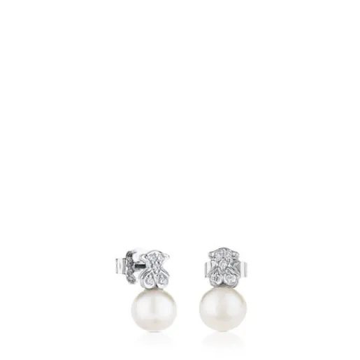Pendientes botón de oro blanco, perlas cultivadas y diamantes Puppies^TOUS New