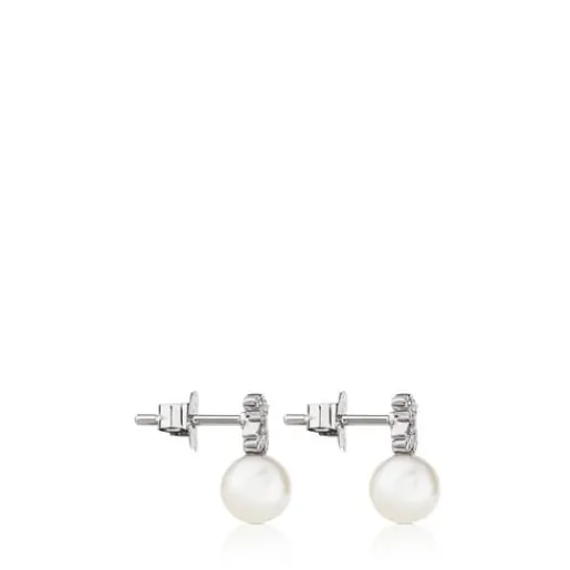 Pendientes botón de oro blanco, perlas cultivadas y diamantes Puppies^TOUS New