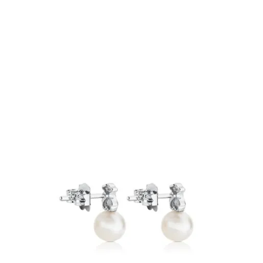 Pendientes botón de oro blanco, perlas cultivadas y diamantes Puppies^TOUS New