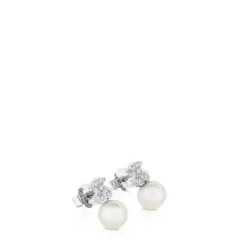 Pendientes botón de oro blanco, perlas cultivadas y diamantes Puppies^TOUS New