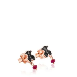 Pendientes con baño de oro rosa 18 kt sobre plata, espinelas y rubí tratado con motivo oso Motif^TOUS Outlet