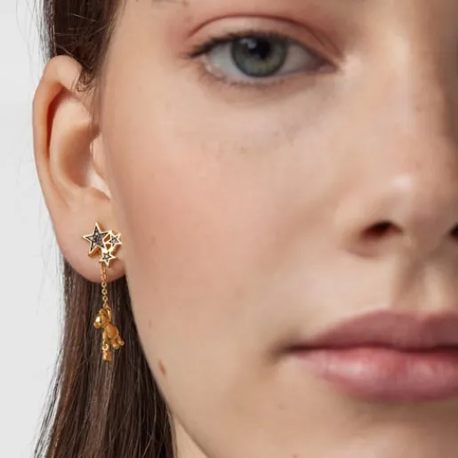 Pendientes corto/largo con baño de oro 18 kt sobre plata y gemas Teddy Bear Stars^TOUS Outlet