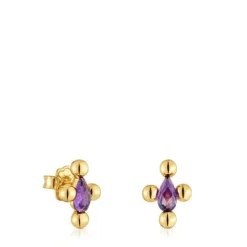 Pendientes cortos con baño de oro 18 kt sobre plata y amatista Sugar Party^TOUS