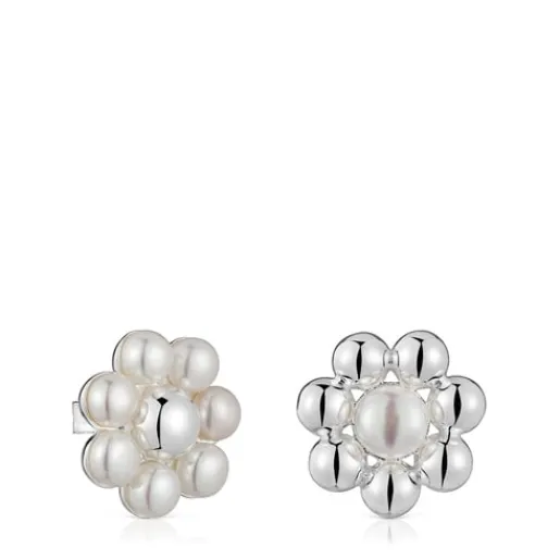 Pendientes cortos de plata flor y perlas cultivadas Sugar Party^TOUS New
