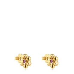 Pendientes cortos flor con baño de oro 18 kt sobre plata y rodolita Sugar Party^TOUS Discount