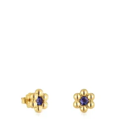 Pendientes cortos flor con baño de oro 18 kt sobre plata y iolita Sugar Party^TOUS