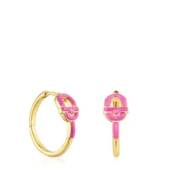 Pendientes de aro cortos con baño de oro 18 kt sobre plata y motivo color fucsia MANIFESTO^TOUS Clearance