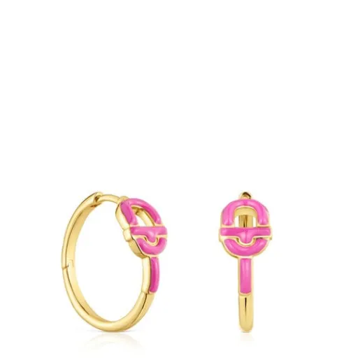Pendientes de aro cortos con baño de oro 18 kt sobre plata y motivo color fucsia MANIFESTO^TOUS Clearance