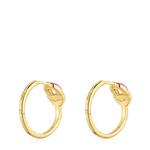 Pendientes de aro cortos con baño de oro 18 kt sobre plata y motivo color fucsia MANIFESTO^TOUS Clearance