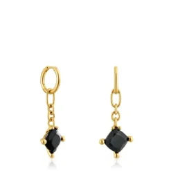 Pendientes de aro largos con baño de oro 18 kt sobre plata y ónix Color Black^TOUS Hot