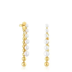 Pendientes largos dobles con baño de oro de 18 kt sobre plata y perlas cultivadas Gloss^TOUS