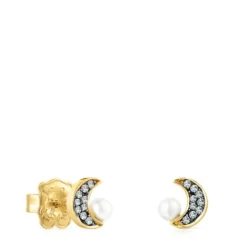 Pendientes luna con baño de oro 18 kt sobre plata, diamantes y perla Nocturne^TOUS New