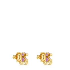 Pendientes motivo oso con baño de oro 18 kt sobre plata y zafiro lila creado en laboratorio 8 mm Color Bear LGG^TOUS Hot