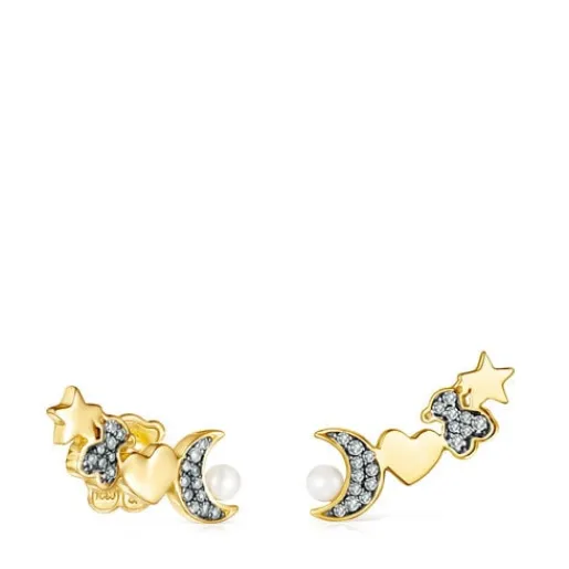 Pendientes trepadores con baño de oro 18 kt sobre plata, diamantes y perla Nocturne^TOUS Discount