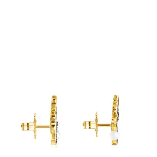 Pendientes trepadores con baño de oro 18 kt sobre plata, diamantes y perla Nocturne^TOUS Discount