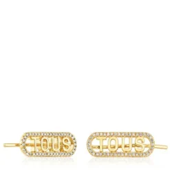 Pendientes trepadores con baño de oro 18 kt sobre plata y diamantes Logo^TOUS New