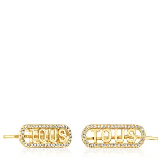 Pendientes trepadores con baño de oro 18 kt sobre plata y diamantes Logo^TOUS New