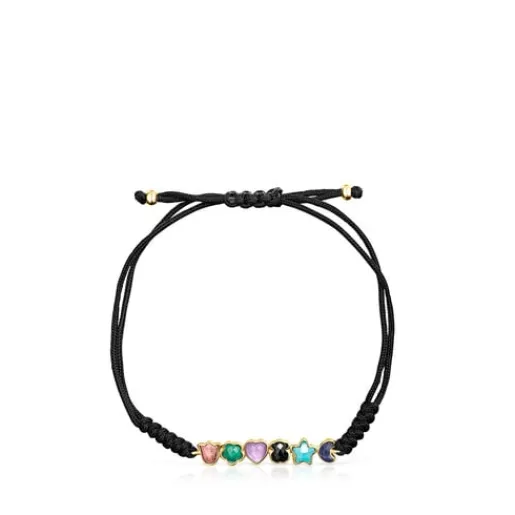 Pulsera con baño de oro 18 kt sobre plata y gemas y cordón negro Glory^TOUS Discount