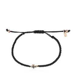 Pulsera cruz con baño de oro rosa 18 kt sobre plata, espinelas y cordón negro Motif^TOUS Discount