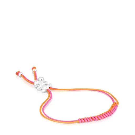 Pulsera de cordón fucsia y naranja con oso de plata Bold Bear^TOUS Discount