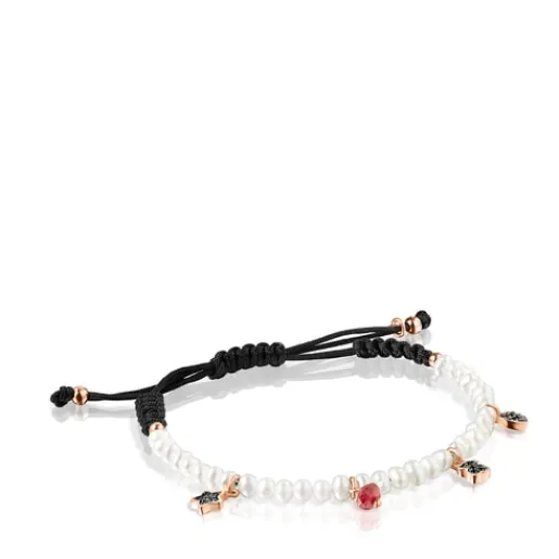 Pulsera de perlas y cordón negro con baño de oro rosa 18 kt sobre plata y gemas Motif^TOUS Hot