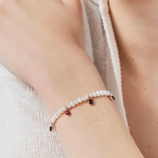 Pulsera de perlas y cordón negro con baño de oro rosa 18 kt sobre plata y gemas Motif^TOUS Hot