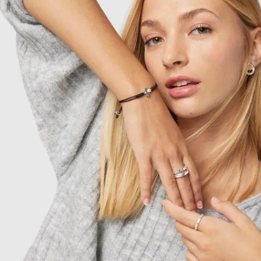 Pulsera de plata con perla y cordón negro Nocturne^TOUS Outlet