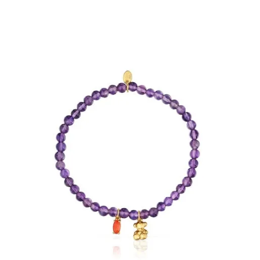 Pulsera elástica con baño de oro sobre plata, amatista y cornalina Bold Bear^TOUS Clearance