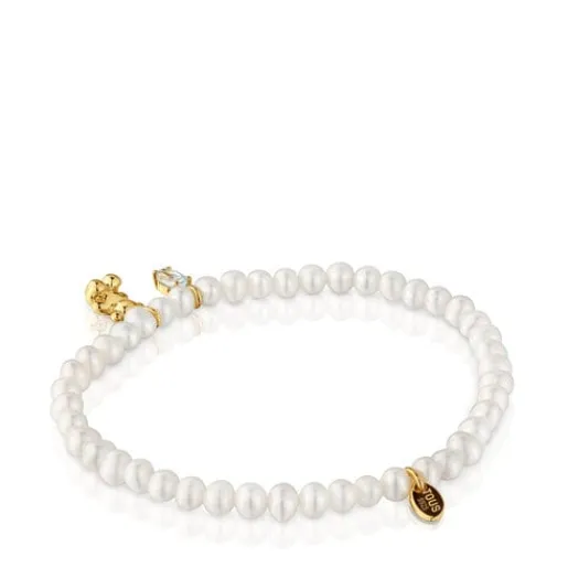 Pulsera elástica con baño de oro sobre plata, perla cultivada y topacio Bold Bear^TOUS Hot